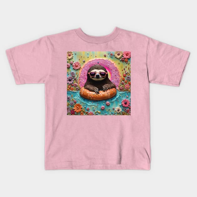 Sloth Chilling in a Floating Donut Kids T-Shirt by Angelandspot